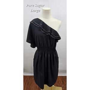 Pure Sugar Black One Shoulder Beaded Ruffle Mini Dress